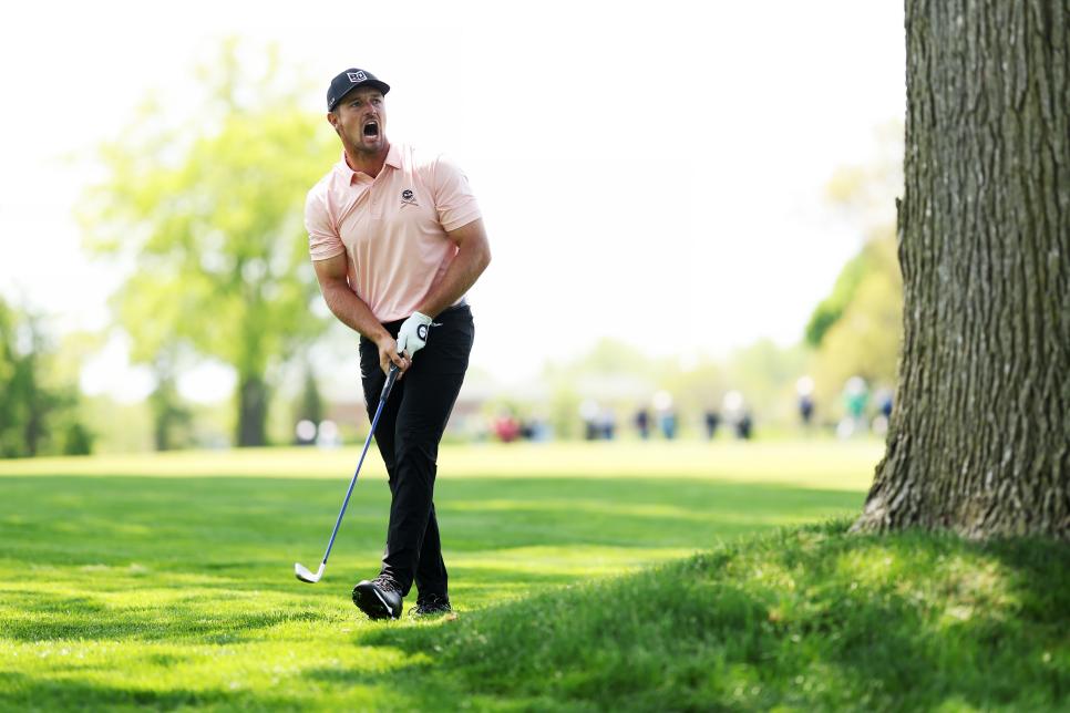 ROCHESTER, NEW YORK - MAY 18: Bryson DeChambeau of the United States reacts to his second shot on the 17th hole during the first round of the 2023 PGA Championship at Oak Hill Country Club on May 18, 2023 in Rochester, New York. (Photo by Maddie Meyer/PGA of America/PGA of America via Getty Images)